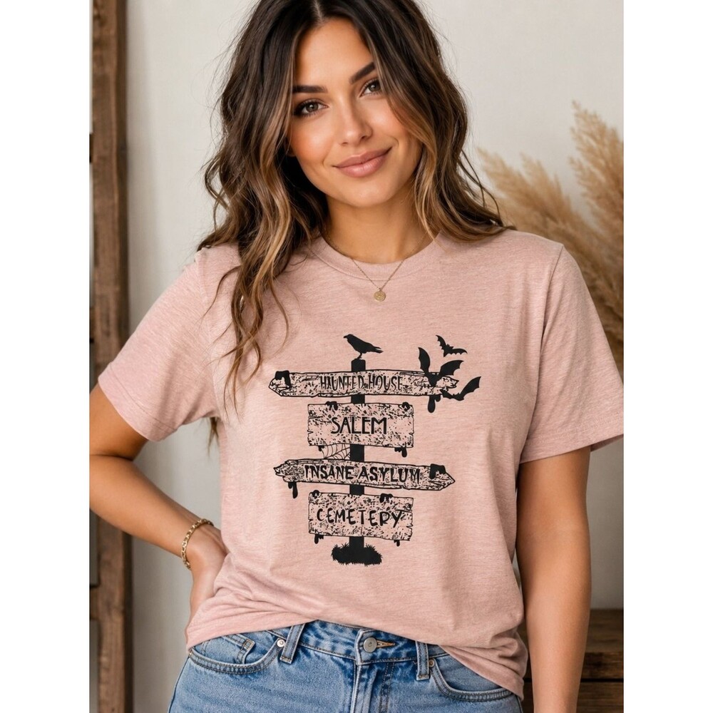 HG Creations Salem Haunted House Halloween Graphic Tee | Soft Peach Boutique Sm